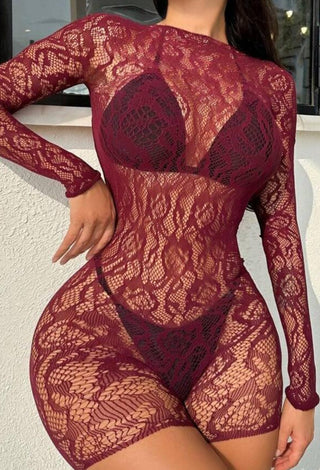 Burgundy Fishnet Bodysuit – Backless Mesh Lingerie - W-156 - Mina Femme