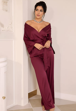Burgundy Luxe Satin Wrap Pajama Set - W264 - Mina Femme