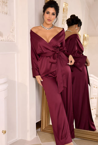 Burgundy Luxe Satin Wrap Pajama Set - W264 - Mina Femme