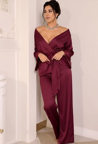 Burgundy Luxe Satin Wrap Pajama Set - W264 - Mina Femme
