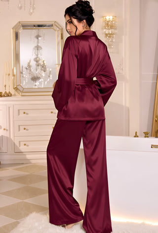 Burgundy Luxe Satin Wrap Pajama Set - W264 - Mina Femme