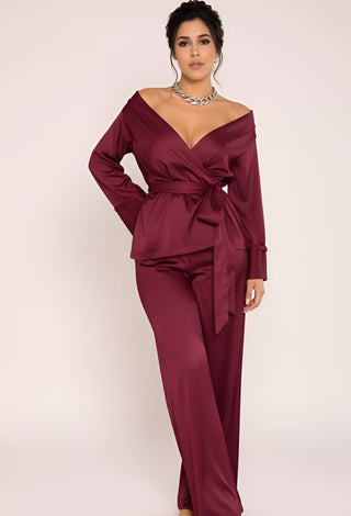 Burgundy Luxe Satin Wrap Pajama Set - W264 - Mina Femme