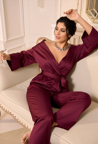 Burgundy Luxe Satin Wrap Pajama Set - W264 - Mina Femme