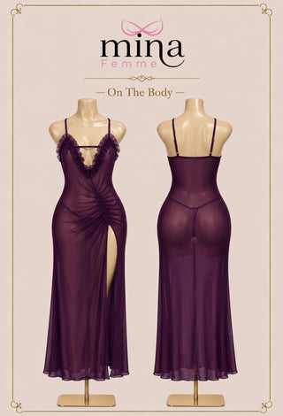 Burgundy Sheer Mesh Maxi Lingerie Dress - R353 - Mina Femme