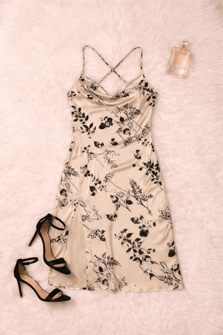 Champagne Blossom Satin Midi Dress - Elegant Floral Satin Dress for Women - W274 - Mina Femme