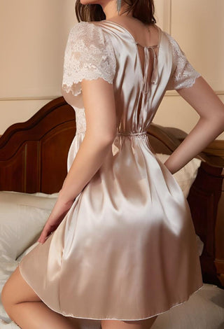 Champagne Satin Lace Trim Babydoll Nightgown - W448 | Mina Femme - Mina Femme