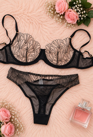 Cocoa Bloom Embroidered Tulle Bra & Panty Set - Fsn 258 - Mina Femme
