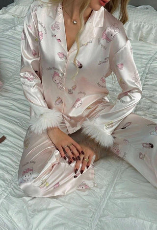 Cute Bridal Pink Satin Long Sleeve Pajama Set - W533 | Mina Femme - Mina Femme