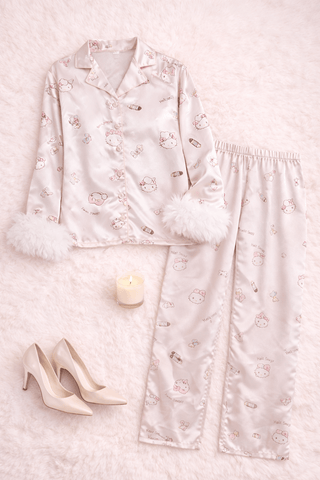 Cute Bridal Pink Satin Long Sleeve Pajama Set - W533 | Mina Femme - Mina Femme