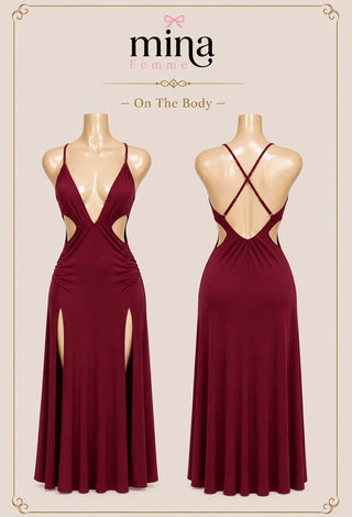 Deep V High Slit Elegant Red Dress Butter Fabric - JOLY 2358 - Mina Femme