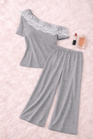 Egyptian Cotton Lounge Set Lace Shoulder Elegant - Femme 4042 - Mina Femme