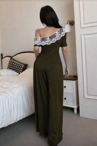 Egyptian Cotton Lounge Set Lace Shoulder Elegant - Femme 4042 - Mina Femme