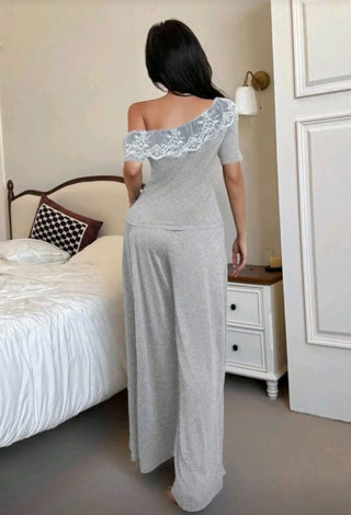 Egyptian Cotton Lounge Set Lace Shoulder Elegant - Femme 4042 - Mina Femme