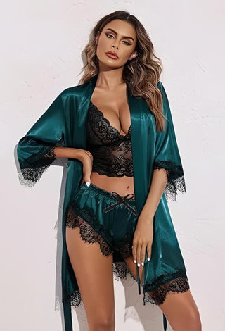 Elegant 4-Pieces Satin Lingerie Set with Lace Robe - W027 - Mina Femme