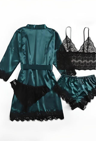 Elegant 4-Pieces Satin Lingerie Set with Lace Robe - W027 - Mina Femme