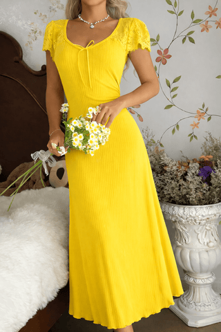 Elegant Beige Ribbed Lace Midi Dress -Simple 5190 - Mina Femme