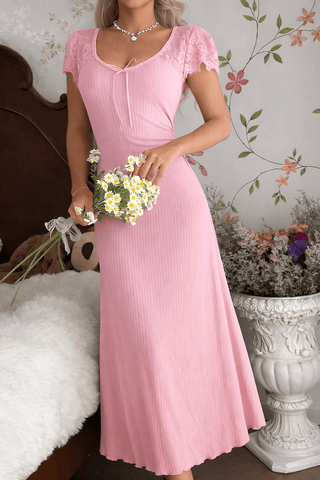Elegant Beige Ribbed Lace Midi Dress -Simple 5190 - Mina Femme