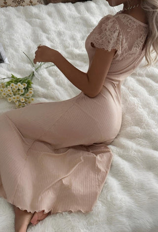 Elegant Beige Ribbed Lace Midi Dress -Simple 5190 - Mina Femme