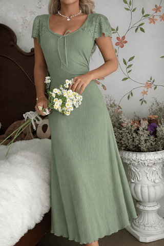 Elegant Beige Ribbed Lace Midi Dress -Simple 5190 - Mina Femme