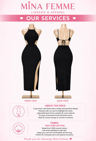 Elegant Black Egyptian Cotton Slit Dress - Femme 2751 - Mina Femme