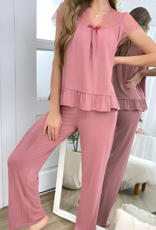 Elegant Black Ribbed Pajama Set with Lace Top - Simple 5152 - Mina Femme