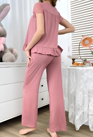 Elegant Black Ribbed Pajama Set with Lace Top - Simple 5152 - Mina Femme