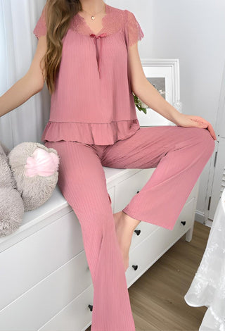 Elegant Black Ribbed Pajama Set with Lace Top - Simple 5152 - Mina Femme