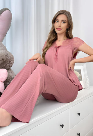 Elegant Black Ribbed Pajama Set with Lace Top - Simple 5152 - Mina Femme