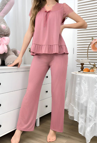 Elegant Black Ribbed Pajama Set with Lace Top - Simple 5152 - Mina Femme