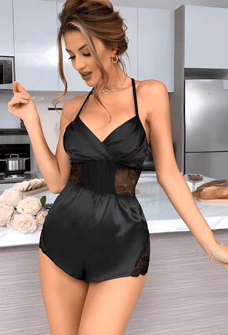 Elegant Black Satin Lace Bodysuit - W489 - Mina Femme