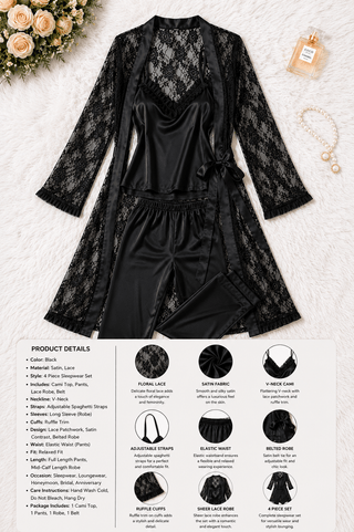 Elegant Black Satin Pajama Set 3 Piece with Lace Robe - W683 - Mina Femme