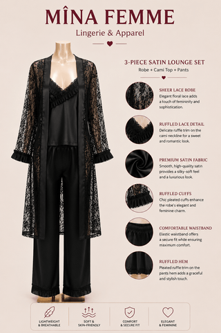 Elegant Black Satin Pajama Set 3 Piece with Lace Robe - W683 - Mina Femme