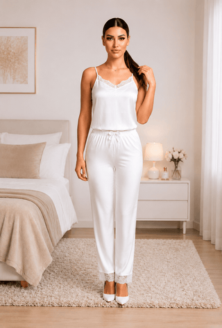 Elegant Bridal Satin Pajama Set with Lace - W142 - Mina Femme