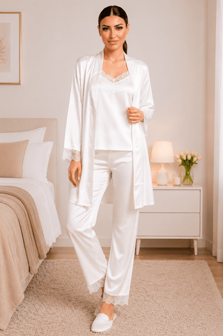 Elegant Bridal Satin Pajama Set with Lace - W142 - Mina Femme