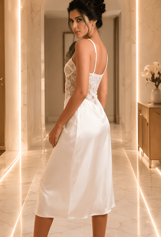 Elegant Bridal White Satin Lace Nightdress - W358 - Mina Femme
