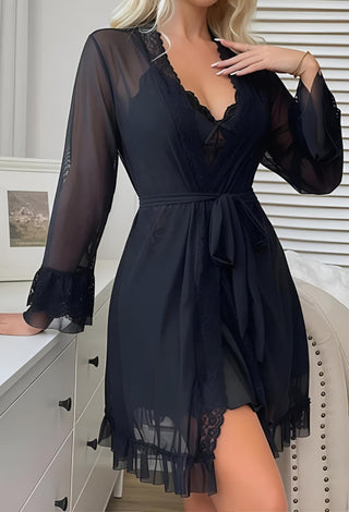 Elegant Butter Fabric Lingerie with Sheer Lace Robe - Joly 2277 - Mina Femme