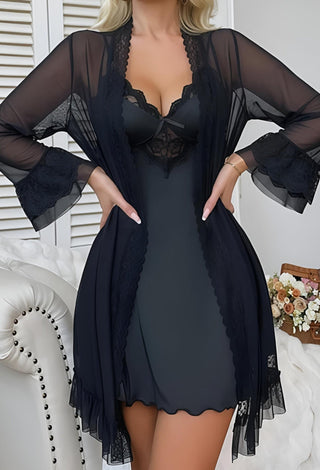 Elegant Butter Fabric Lingerie with Sheer Lace Robe - Joly 2277 - Mina Femme