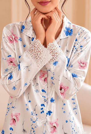 Elegant Floral Satin Pajama Set - W669 - Mina Femme