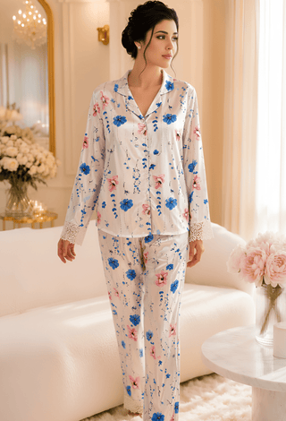 Elegant Floral Satin Pajama Set - W669 - Mina Femme