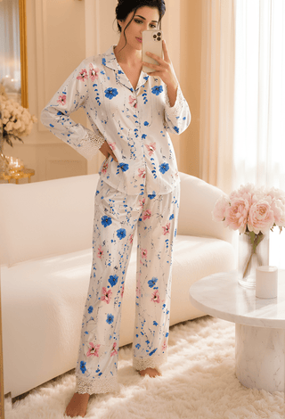 Elegant Floral Satin Pajama Set - W669 - Mina Femme