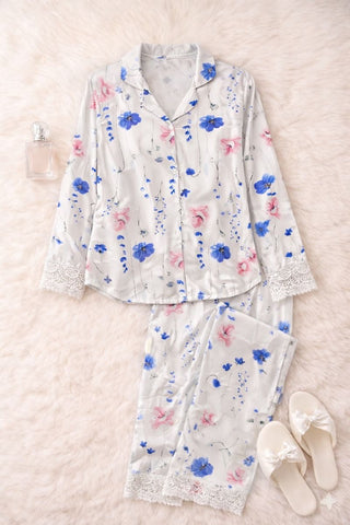 Elegant Floral Satin Pajama Set - W669 - Mina Femme
