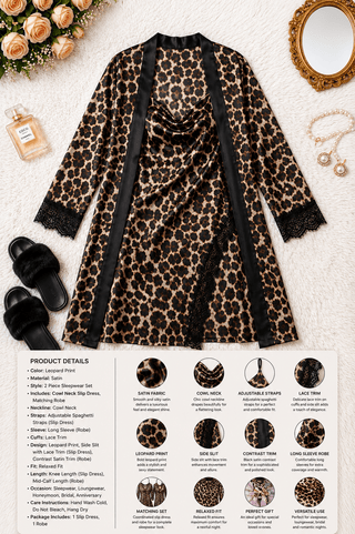 Elegant Leopard Satin Lingerie Set with Robe - W709 - Mina Femme