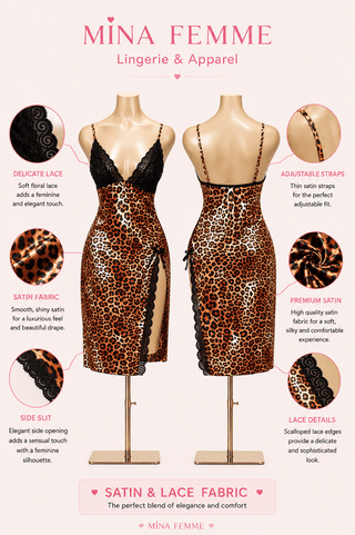 Elegant Leopard Satin Lingerie with Lace - W716 - Mina Femme