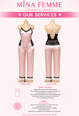 Elegant Pink Satin Lace Pajama - W634 - Mina Femme