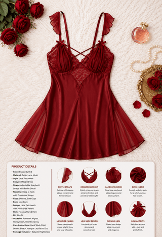 Elegant Red Satin Lingerie Chemise with Tulle - w701 - Mina Femme