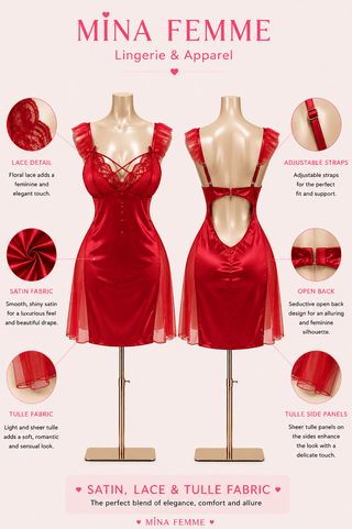 Elegant Red Satin Lingerie Chemise with Tulle - w701 - Mina Femme