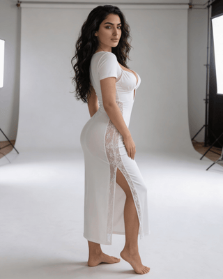 Elegant White Butter Fabric Lace Trim Dress - JOLY 2339 - Mina Femme