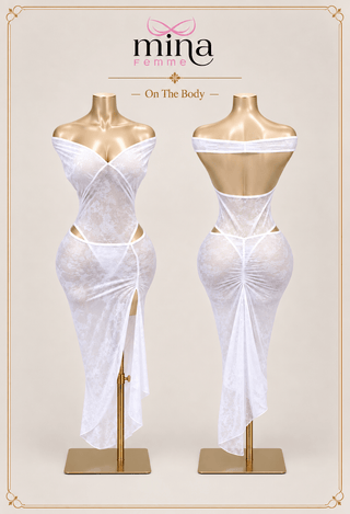 Elegant White Lace Bodysuit with Skirt Set - R461 - Mina Femme