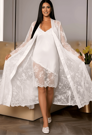 Elegant White Satin Bridal Lace Robe - W615 - Mina Femme