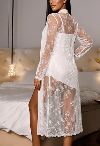Elegant White Satin Bridal Lace Robe - W615 - Mina Femme